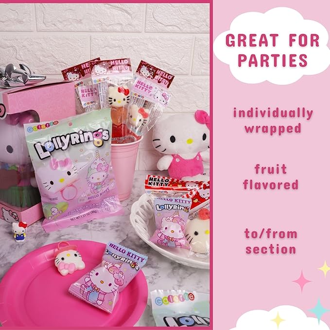 Hello Kitty Lollipop Rings, Strawberry and Fruit Punch Flavored Suckers, Themed Party Favors, 3 Count Bag, 1.27 Ounces (1 Pack)