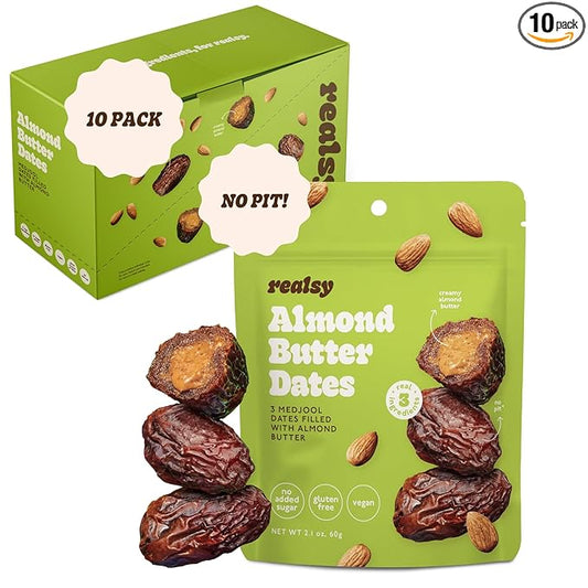 Realsy Almond Butter Stuffed Medjool Dates, Organic Dates with No Sugar Added, Gluten-Free, Vegan, Good Source of Fiber, Low Glycemic Index, All Natural Healthy Snack, (10 Pack)