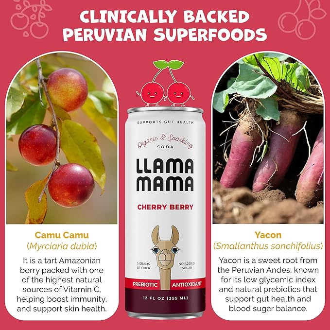Llama Mama Cherry Berry Organic Sparkling Prebiotic Soda • Gut & Immune Support • High Vitamin C, Antioxidants • NO Sugar • NO Artificial Sweeteners • NO Stevia • Vegan Plant Fiber • 12 Pack