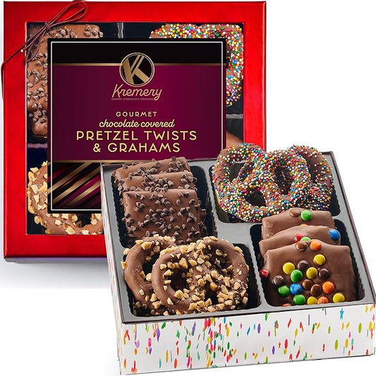 KREMERY Creamy Chocolate Cravings - Valentines Day Chocolate Covered Pretzel Twists & Grahams Cookies Gift Basket, in Confetti Gift Box (12 Count, Assorted Sweet Toppings) Sweet Treats, Kosher