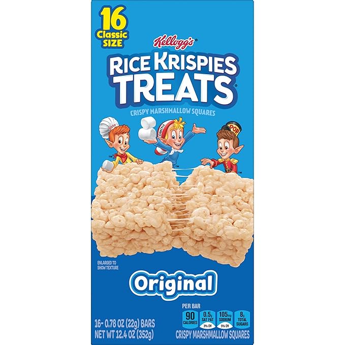 Rice Krispies Treats Crispy Marshmallow Squares, Kids Snacks, Snack Bars, Original, 12.4oz Box (16 Bars) (Pack of 2)