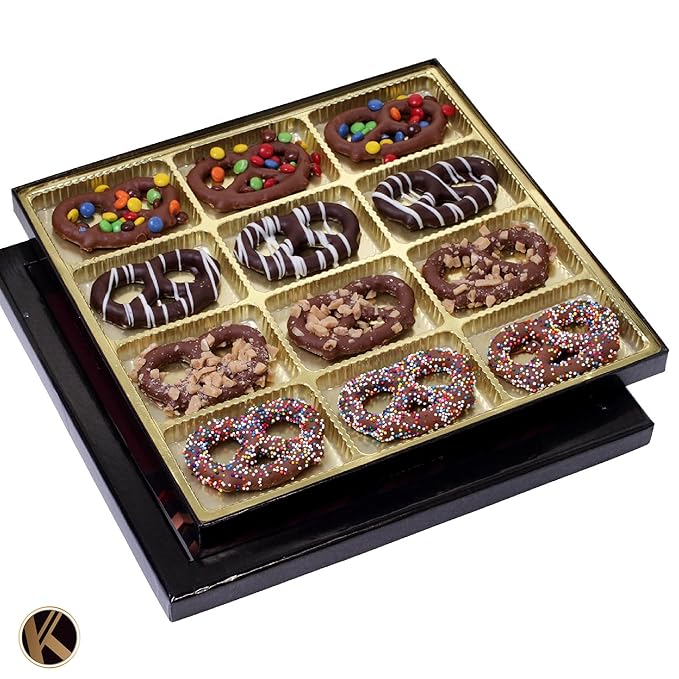 KREMERY Creamy Chocolate Cravings - Valentines Day Chocolate Covered Pretzel Twists Gift Basket, in Sectional Gift Box (12 Pretzels, Assorted Sweet Toppings) Sweet Treats Food Arrangement, Kosher