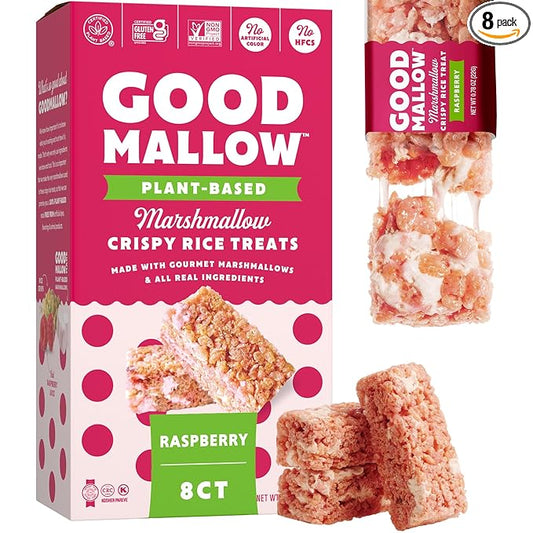 GoodMallow Vegan Rice Crispy Treats Individually Wrapped Box of 8 , Kosher Vegan Snacks, Gluten Free Dairy Free Snacks for Kids & Adults - Healthy Sweets Made with Gourmet Marshmallows, Made in USA (Raspberry)