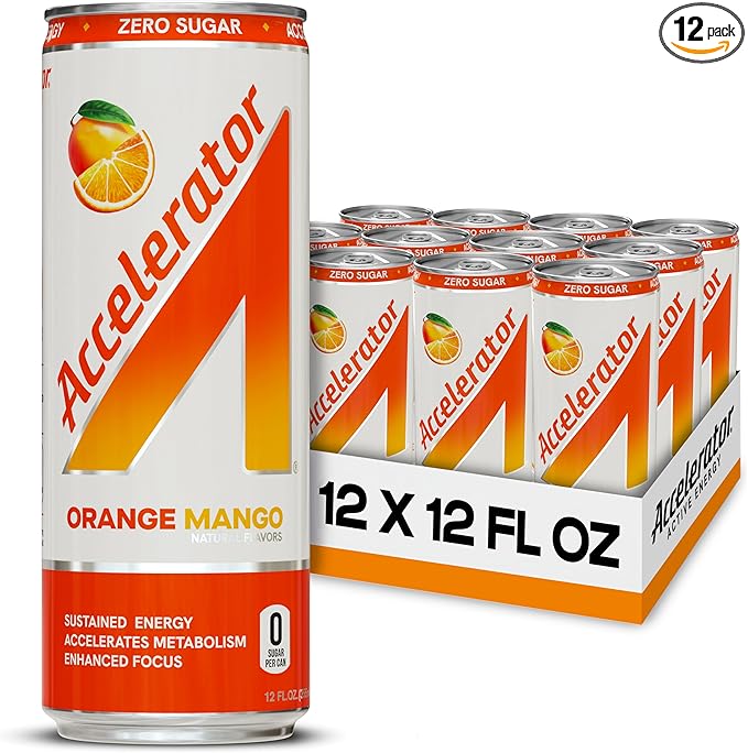 Accelerator Energy Drink, Orange Mango 12oz can (12 pack), Zero Sugar, Sustained Energy from 100% Natural Caffeine (200mg from Green Coffee Bean & Green Tea extract)