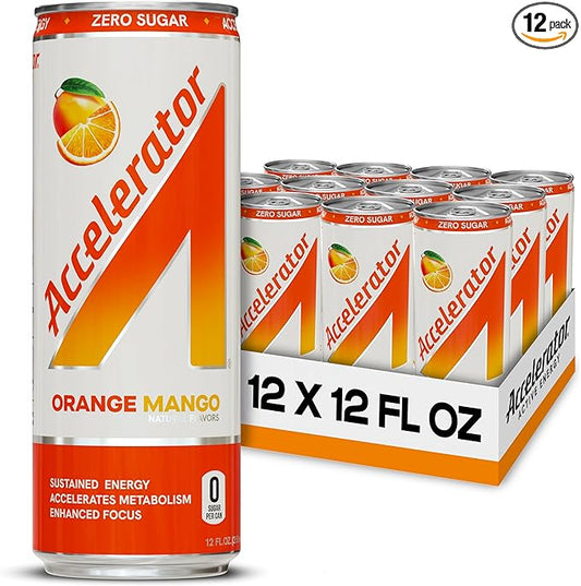 Accelerator Energy Drink, Orange Mango 12oz can (12 pack), Zero Sugar, Sustained Energy from 100% Natural Caffeine (200mg from Green Coffee Bean & Green Tea extract)