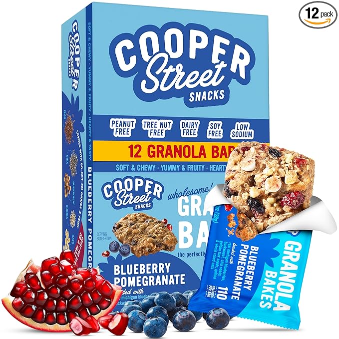 Cooper Street Blueberry Pomegranate Granola Bakes (12 bars) - Individually Wrapped Soft and Chewy Breakfast Granola Bars - Nut, Dairy & Soy Free - Great As Kids Snacks For School, Hiking Or Lunchbreak