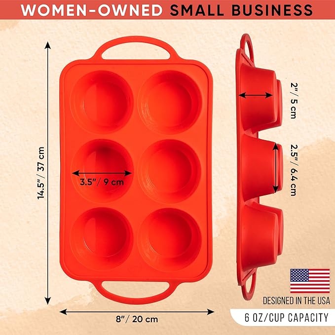 BAKE BOSS 2 PACK - Jumbo Muffin Pan, 3.5" Large Muffin Pan 6 Cup - Silicone Jumbo Muffin Tin for Baking BPA Free Non Stick - RED