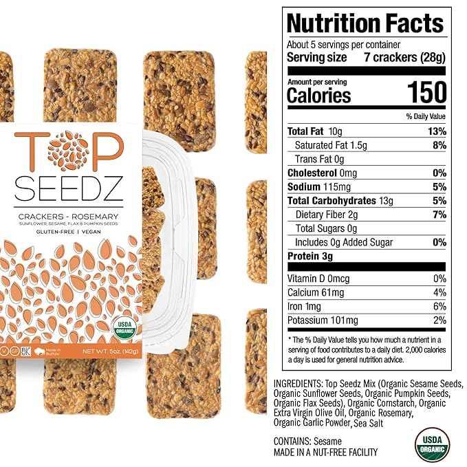 Top Seedz Certified Organic Gluten Free Rosemary Seed Crackers | 6-Pack | 5 Ounces | Healthy Vegan Crackers with Plant Based Protein | Made of Sunflower, Flax, Sesame and Pumpkin Seed