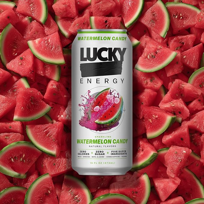 Lucky Energy Sugar Free Energy Drinks, Watermelon Candy, 16oz Cans (12-Pack) Healthy, Zero Sugar Energy Drink with Maca, Ginseng, Beta-Alanine, Taurine & 200mg Caffeine