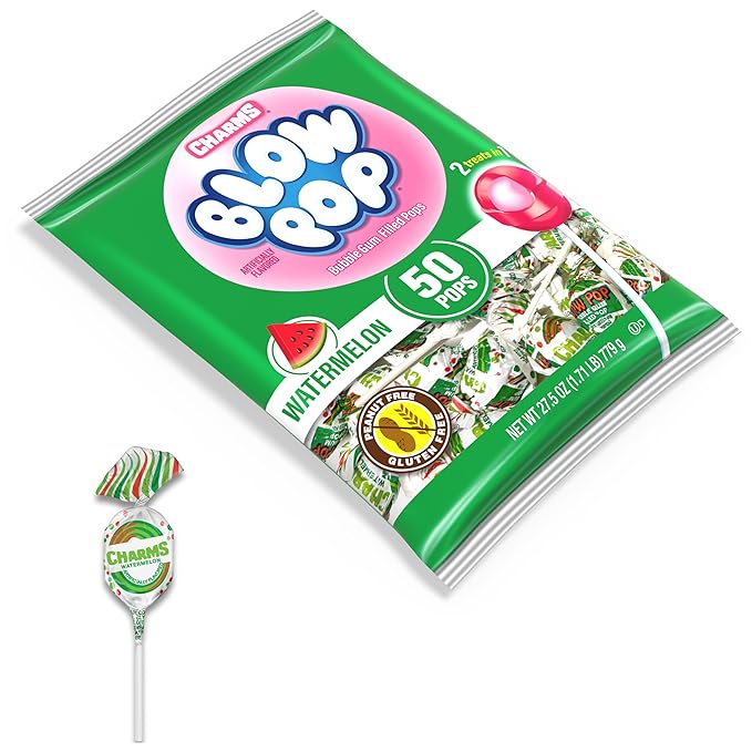 Charms Blow Pop Single Flavor Bag - Watermelon Flavored Lollipops with a Bubble Gum Center - Individually Wrapped Hard Candy - Pink Candy - Peanut Free, Gluten Free, 50 Count (Pack of 1)