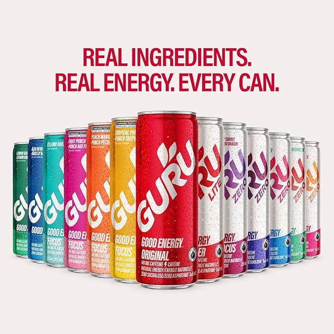 GURU Original Organic Energy Drinks, Clean Energy Drink with Plant Based Natural Caffeine from Green Tea, Gluten Free and Vegan, 100MG Caffeine, Healthy Drinks, 8.4oz (Pack of 24)
