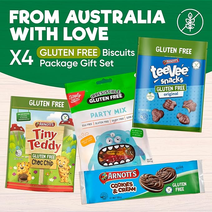 Gluten-Free Snack Box - Premium Assorted Cookies & Treats - Includes Simply Wize Party Mix, Tiny Teddy Choc Chip, TeeVee Snacks & More - Coeliac Friendly Gift (Pack of 4)
