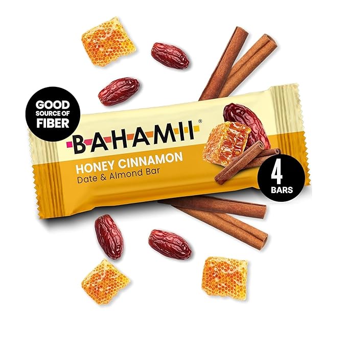 Bahamii Snack Bars, Made with Dates & Nuts, Healthy Snacks, Gluten Free, Good Source of Fiber, Only 7 Ingredients, For Kids & Adults, No Artificial Sweeteners, Dairy Free, 4 Pack, Honey Cinnamon