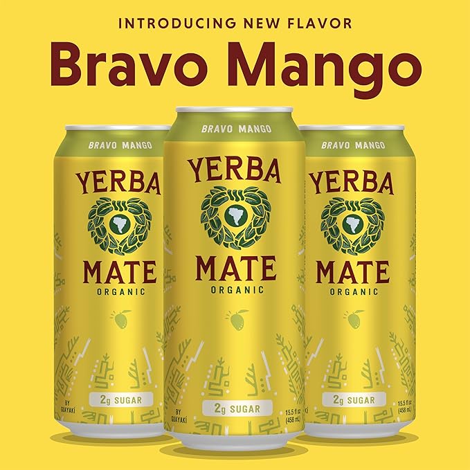 Yerba Madre Organic Yerba Mate, Energy Drink Alternative, Bravo Mango, Low Sugar, 150mg Natural Caffeine, Better for You Energy & Focus, No Jitters or Crash, 15.5 Oz (Pack of 12)