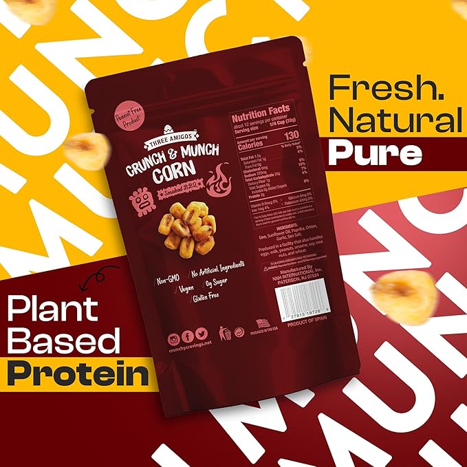 Three Amigos Corn Nuts Suger Free, 100% Vagan, Peanut Free Non-GMO (All Natural Ingredients) Guilt-Free snacking Toasted Corn Kernels in Reseable Bag - Crunchy & Munch Snack (12 OZ) (12 oz, Smooked BBQ)