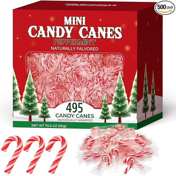 Bulk Mini Candy Cane Individually Wrapped 495 Pack - Small Peppermint Candy Canes Red & White Christmas Candy For Holiday Gifts, Stocking Fillers, Party Favors & Decorations