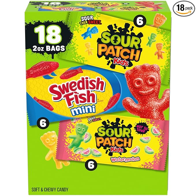 SOUR PATCH KIDS and SWEDISH FISH Mini Soft & Chewy Candy Variety Pack, Bulk Candy, 18-2 oz Bags