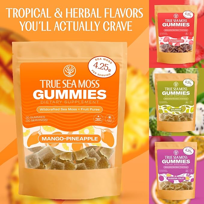 True Sea Moss Gummies – High Potency 4250mg Wildcrafted Irish Sea Moss Gel Extract + Mango Pineapple Flavor – With Coconut Sugar & Fruit Purée – 30 Gummies (30 Servings)