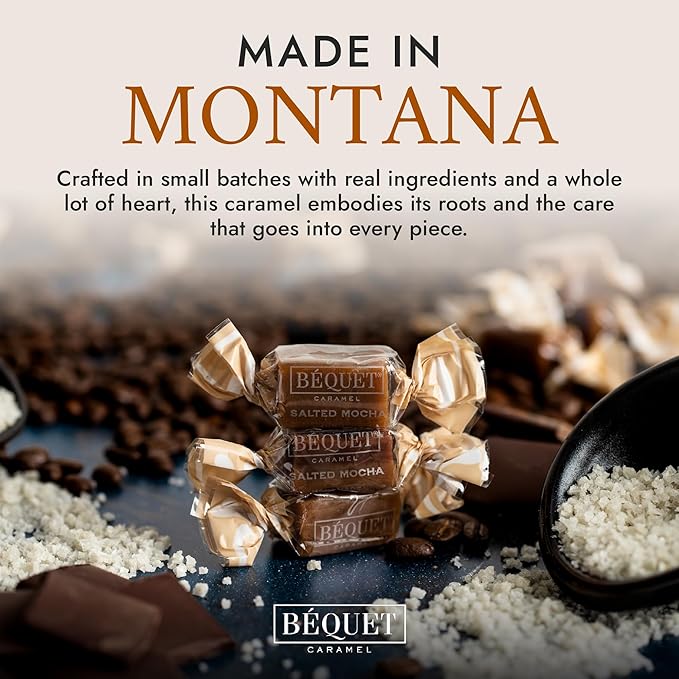 Béquet Caramel - Salted Mocha Gourmet Candy - Coffee Candy Individually Wrapped - Gourmet Sea Salt Caramel - Made in Montana - Kosher (Star-D), and Gluten Free - 24oz Resealable Pouch