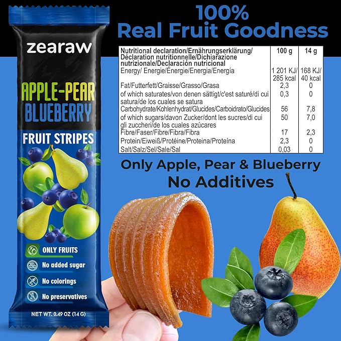 ZEARAW Healthy Fruit Snacks for Adults and Kids – 30 Fruit Leather with Dried Cherry, Blueberry, Banana – Vegan Low-Carb Variety Pack Strips for Kids – Sugar Free Bars