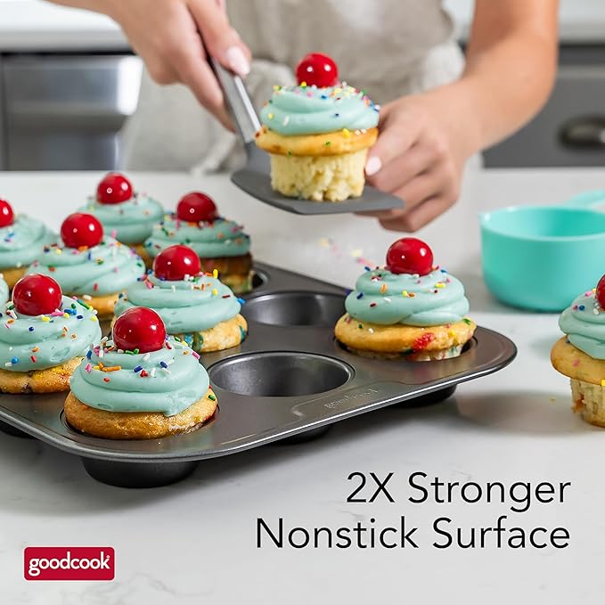 GoodCook PRO Muffin Pan Nonstick Cupcake Pan, Warp & Scratch-Resistant Dishwasher-Safe Carbon Steel Construction for Even Baking With or Without Liners, 12-Cup, Gray