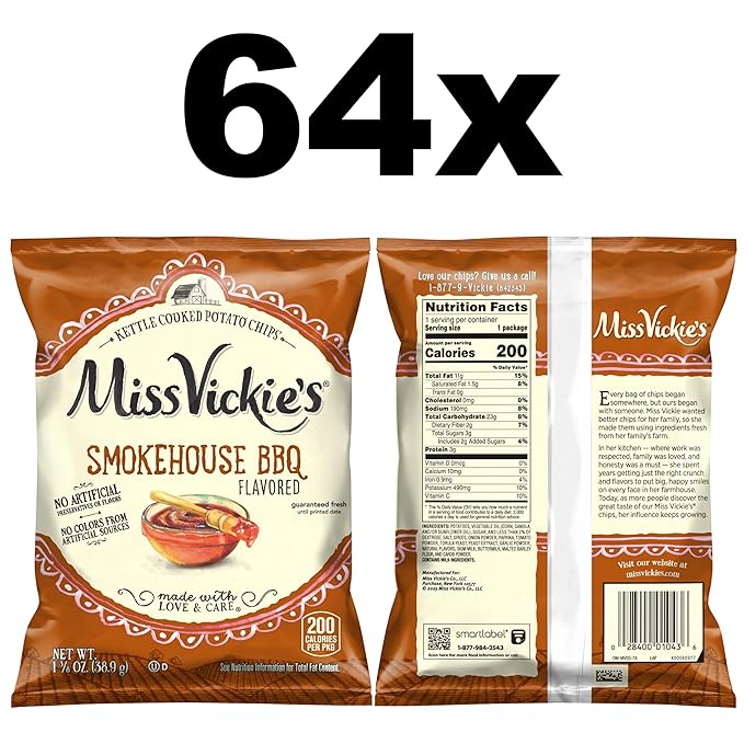 Miss Vickie's Kettle Cooked Potato Chips, Smokehouse BBQ Flavored , 1.375 Ounce (Pack of 64)