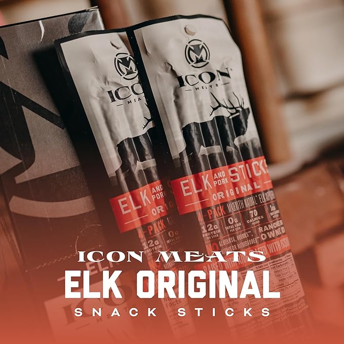 ICON Meats Elk and Pork Snack Sticks, Original, 6 Pack of High Protein Snacks, 4 Meat Sticks per Pack, Low Sugar, Gluten Free, Natural, USDA Inspected, Made in the USA, Gifts or Stocking Stuffers