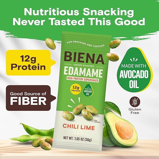 Biena Crispy Roasted Edamame Beans Snack – High Protein Low Carb Snack for Adults & Kids, 12g Protein per Serving - Made w/Avocado Oil – Vegan, Gluten-Free – 10-Pack, 1.05oz Bags, Chili Lime