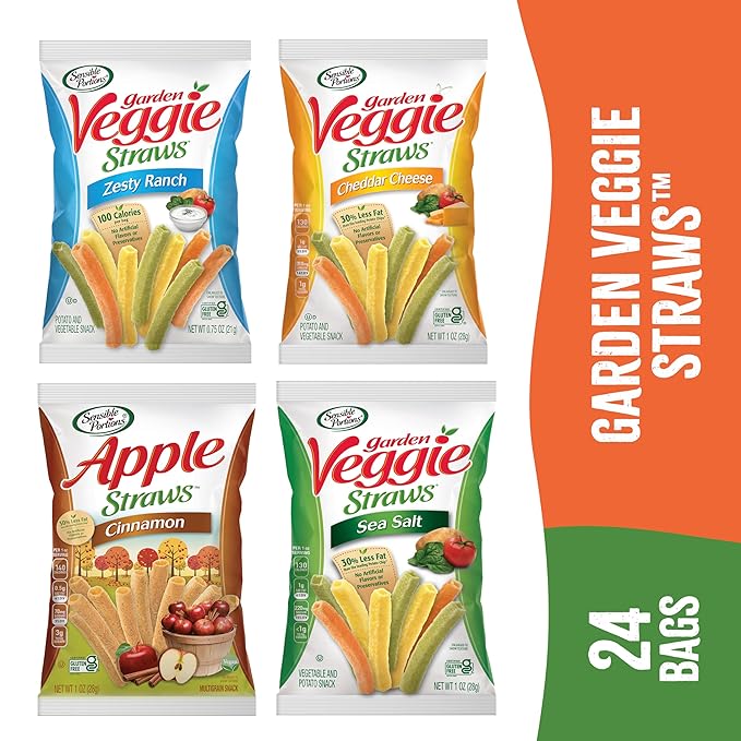 Sensible Portions Veggie Straws - Garden Snacks Variety Pack, Sea Salt, Ranch, Cheddar, Apple Cinnamon, Gluten Free Bulk Snacks, 1 Oz (Pack of 24)