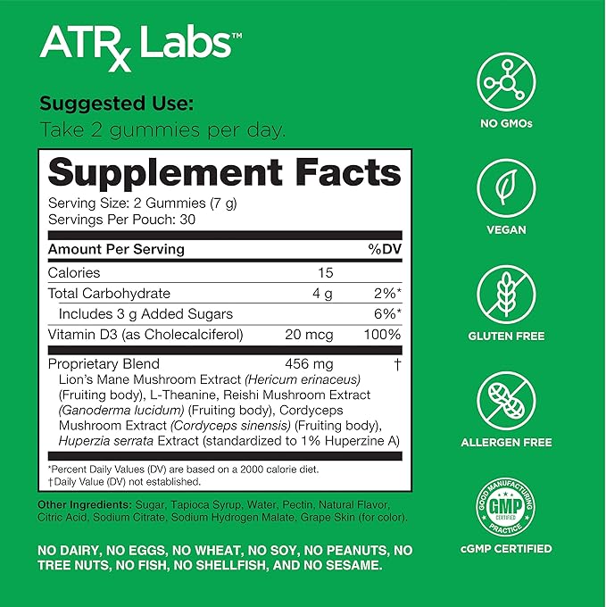 ATRx Labs Ultimate Mushroom Daily Gummies - Mushroom Gummies with Cordyceps, Lion’s Mane, and Reishi, Plus Huperzine A & L-Theanine, May Improve Mood and Energy, Apple Berry Flavor, 60 Count