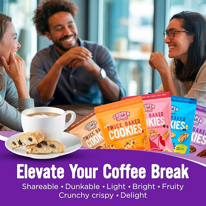 Cooper Street Twice Baked Biscotti Cookies Variety Pack - 5 Pack (5oz Each) - Light and Crispy Coffee Cookies 5 Flavors Assortment - Low-Calorie Snacks for Adults & Kids - Dairy & Peanut Free, Kosher