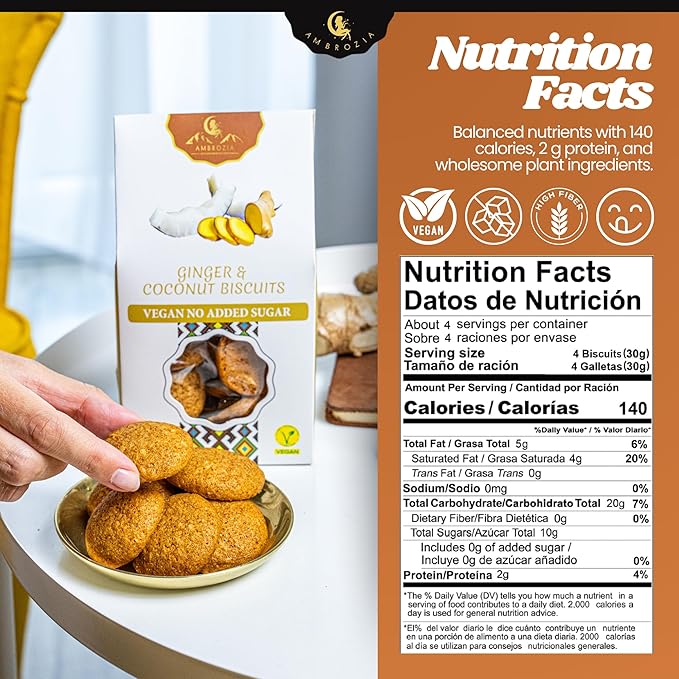 Ambrozia Vegan Snack Biscuits – Ginger & Coconut - Soft Baked, No Added Sugar, Clean Label, High Fiber & Wholesome Ingredients, Kid-Friendly, Healthy Snacks for Active Lifestyles, 4 x 4.58 Oz