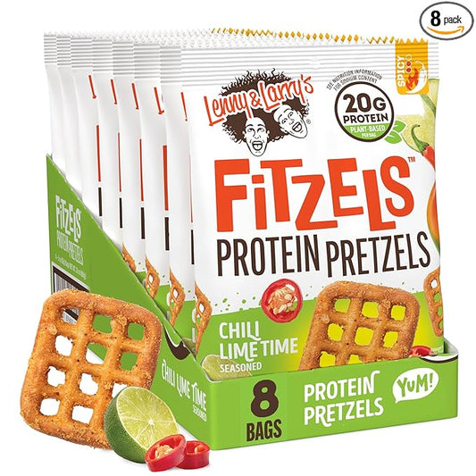 Lenny & Larry's FITZELS Protein Pretzels (Chilli Lime Time) 8 Individual Bags 3 oz Each – High Protein Snacks with 20g of Plant Based Protein – Healthy Vegan Pretzels – Delicious Salty Taste