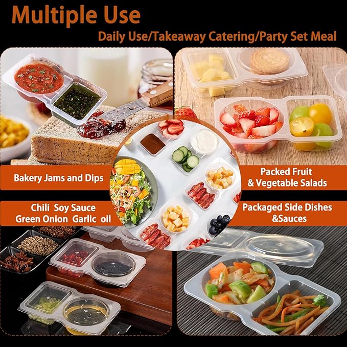 40 Sets Double Compartment Condiment Container, 2 Compartment Snack Containers, Disposable Food Containers with Lids for Sauce Snack, for Travel, Picnic
