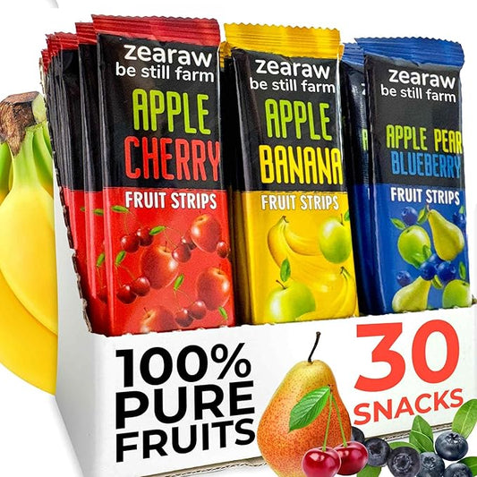 ZEARAW Healthy Fruit Snacks for Adults and Kids – 30 Fruit Leather with Dried Cherry, Blueberry, Banana – Vegan Low-Carb Variety Pack Strips for Kids – Sugar Free Bars