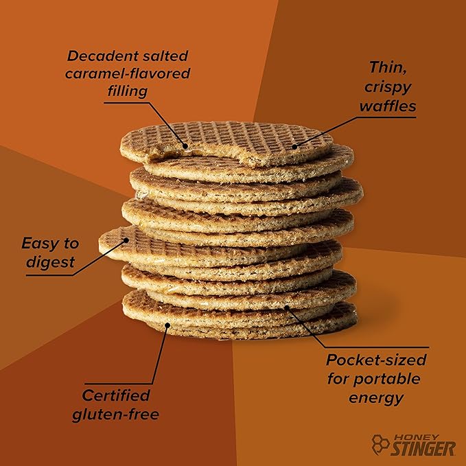 Honey Stinger Organic Gluten Free Salted Caramel Waffle, Energy Stroopwafel for Exercise, Endurance and Performance, Sports Nutrition for Home & Gym, Pre & Post Workout, Box of 16 Waffles, 16.96 Oz