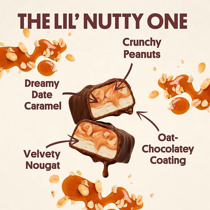 Harken Sweets The Lil’ Nutty Ones, Mini Oat Milk Chocolate Candy Bars with Peanuts, Sweetened with Dates, No Sugar Added, High Fiber Snack, Gluten-Free, Plant-Based, 6 Pouches (30 Bars)