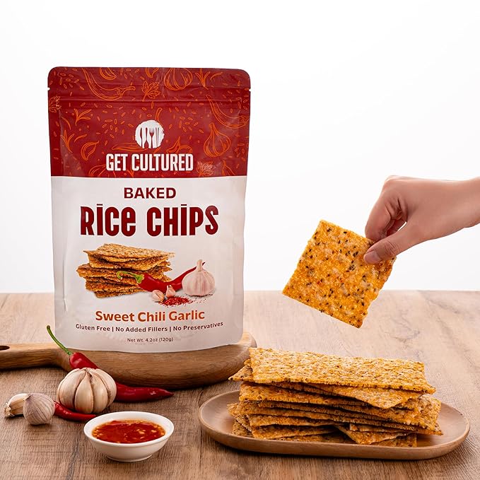 Get Cultured Sweet Chili Garlic Baked Rice Chips, Crispy and Crunchy Rice Chip Snack – Gluten & Dairy Free, No Preservatives – Healthy Snack Pack for Adults and Kids | 4.2 Oz Resealable Bag (4Pack)