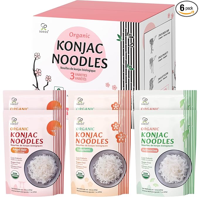 Soeos Konjac Noodles, Organic Shirataki Noodle, Low Calorie, Keto and Paleo Friendly, 3 Variety Noodles, 52.8 Ounce (Pack of 6)