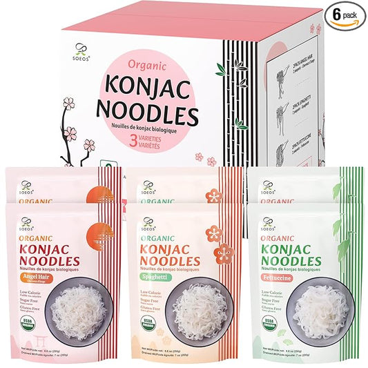 Soeos Konjac Noodles, Organic Shirataki Noodle, Low Calorie, Keto and Paleo Friendly, 3 Variety Noodles, 52.8 Ounce (Pack of 6)