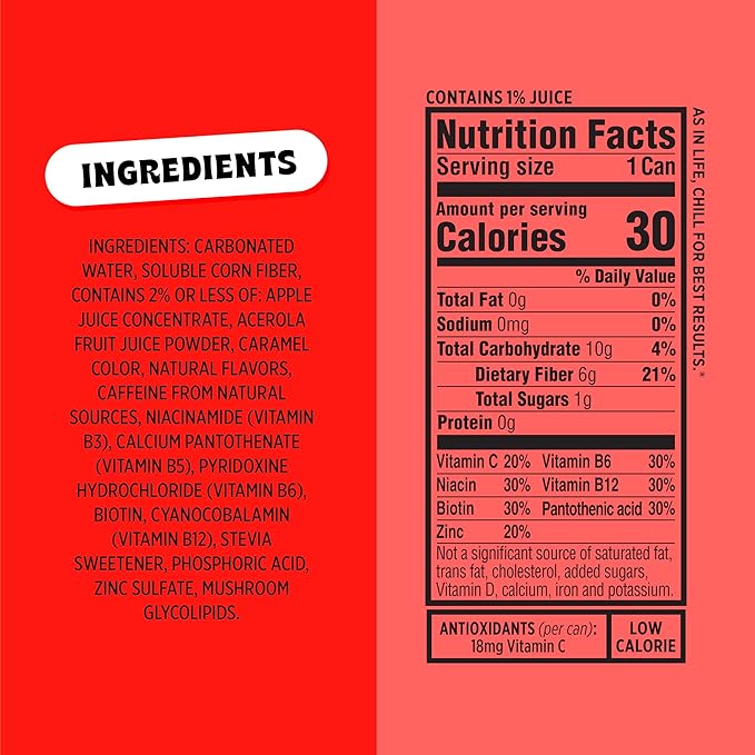 Popwell Classic Cola Caffeinated Better-For-You Prebiotic Soda, with 6g Fiber, 1g Sugar, Vitamins and Immunity Support, 12 fl oz Cans (pack of 12)