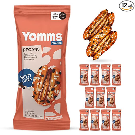 Yomms Nutty Chia Glazed Whole Pecan Halves, 15.6 oz (12 Pack), Gluten-Free & Non-GMO Healthy Dessert Snacks – Low Sugar Chia Seed & Crunchy Candied Nut Pouches – Gourmet Roasted Snacking Pecans – 1.3oz Individual Bags