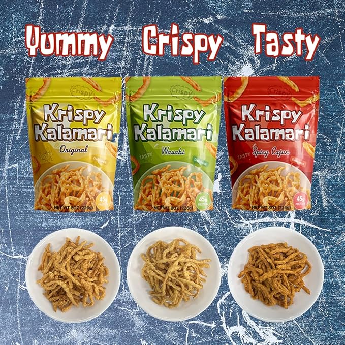Krispy Kalamari Made with Real Calamari, Crispy, Yummy, Crunch, Tasty, High Protein, Fried Calamari, Snack, Resealable package, 8oz (Wasabi)