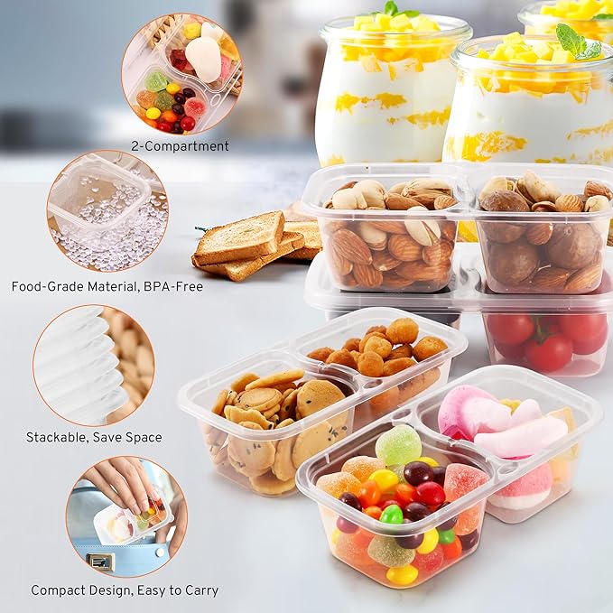 20 Set Snack Containers with Lids & Spoons, Reusable Double Compartment Condiment Containers for Lunches Picnics Parties, BPA-Free, Microwave Safe, Transparent