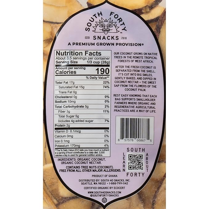 South 40 Snacks Organic Coconut Chips with Nectar, Just 2 Ingredient (3.5oz bag, pack of 4)
