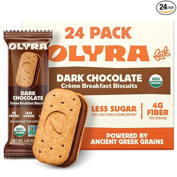 Olyra Dark Chocolate, Sandwich Breakfast Biscuits, Healthy Snacks for Adults and Kids, Low Sugar, High Fiber, Organic Vegan Cookies, with Ancient Greek Grains, USDA Certified Organic, Non GMO, 24 Packs