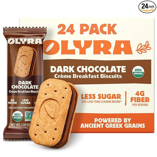 Olyra Dark Chocolate, Sandwich Breakfast Biscuits, Healthy Snacks for Adults and Kids, Low Sugar, High Fiber, Organic Vegan Cookies, with Ancient Greek Grains, USDA Certified Organic, Non GMO, 24 Packs