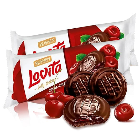 Roshen Lovita Cookies with Cherry Jelly Filling, 4.76 oz, Chocolate Biscuit with Juicy Cherry Jelly & Signature Chocolate Glaze, European Gourmet Cookies, Pack of 2