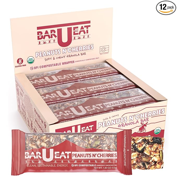 BAR-U-EAT Gluten-Free, Organic, Soft & Chewy Energy Bar. Real Food | Seed Oil Free | No Artificial Sugar | Compostable Packaging | Healthy Snacks (Peanuts N' Cherries 12 Pack)