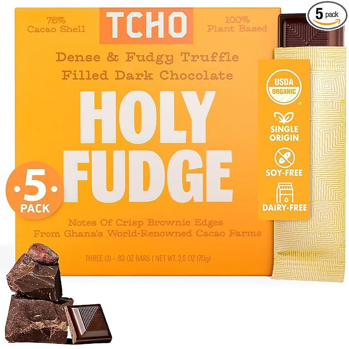 TCHO Holy Fudge 75% Dark Chocolate Bars (5 pack) | Single Origin Ghana, Dairy Free, Organic & Fair Trade | Non-GMO, Vegan, Soy Free, Gluten Free (2.5oz each)